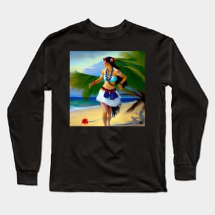 Hula Girl Hawaiian Luau Impressionist Painting Hawaii Palm Trees Long Sleeve T-Shirt